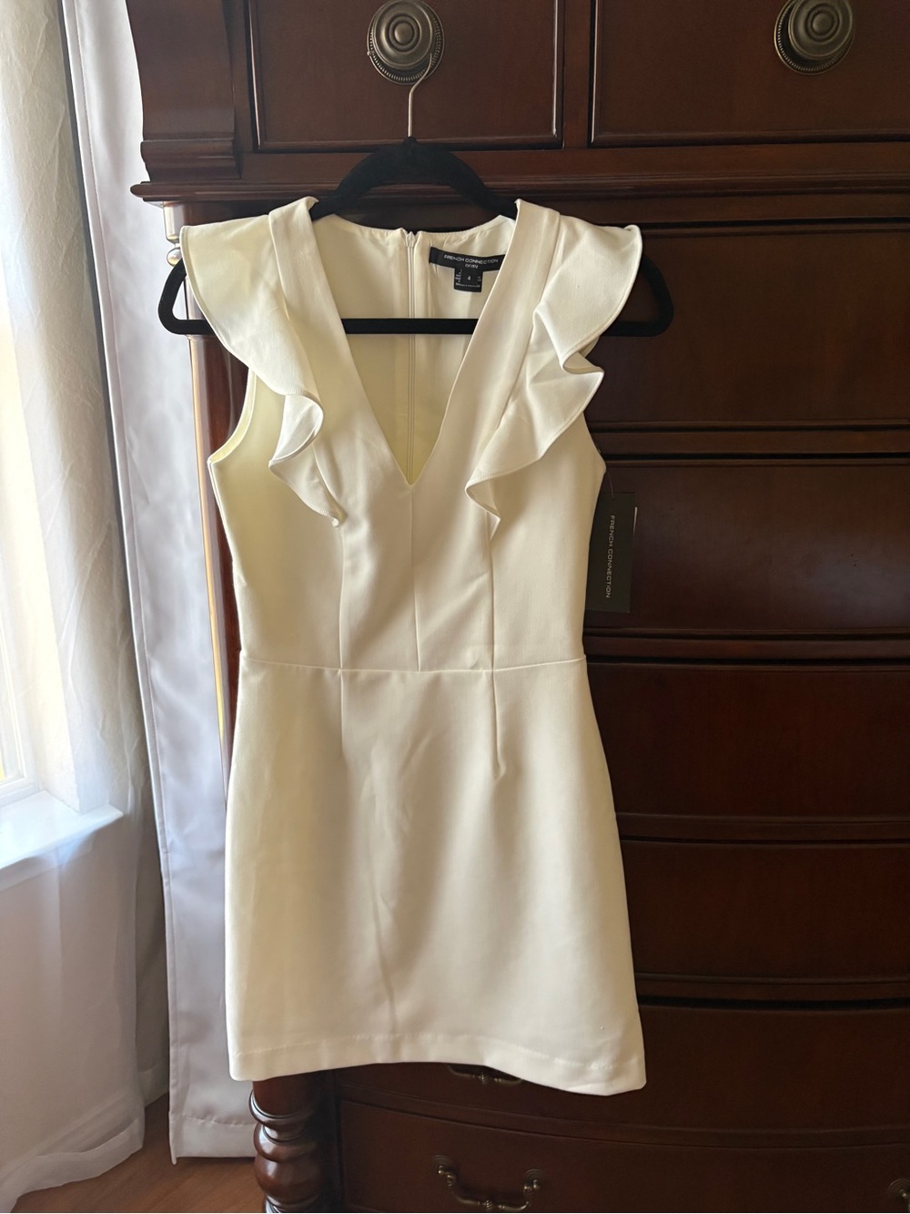 French Connection Cream Ruffle V-Neck Mini Dress